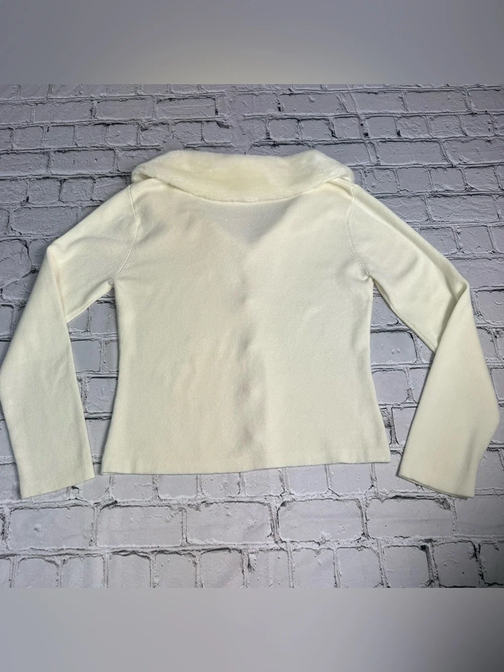 Vtg Y2K Doki Geki Ivory Button Cardigan Faux Fur Collar Winter Coquette Size L